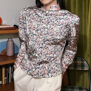 Vintage pink floral silky cottagecore blouse size M